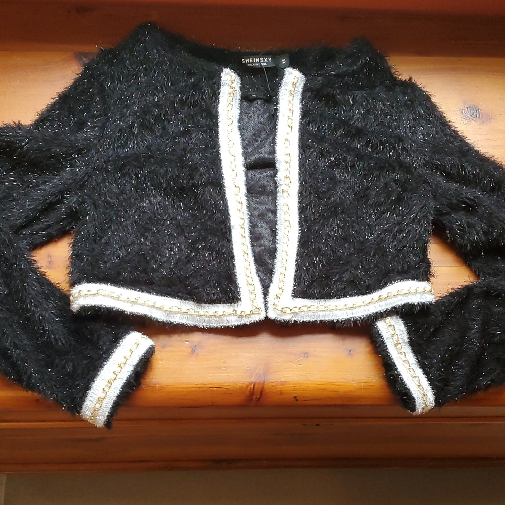 3/$25 SHEIN SXY Black Fuzzy Metallic Cropped Bolero Xs